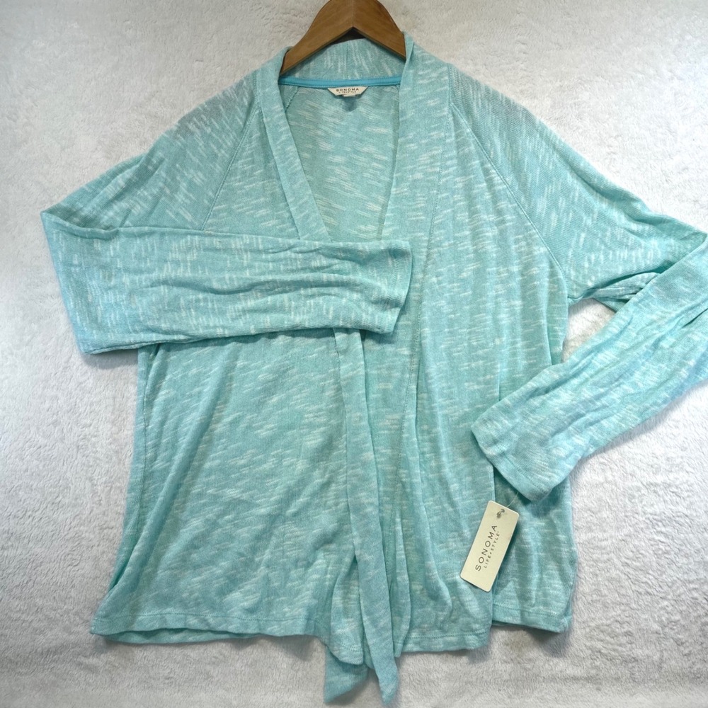 NWT Sonoma Coastal Grandmother Open Front Cardigan XL Cotton Beach Sweater‎ Aqua